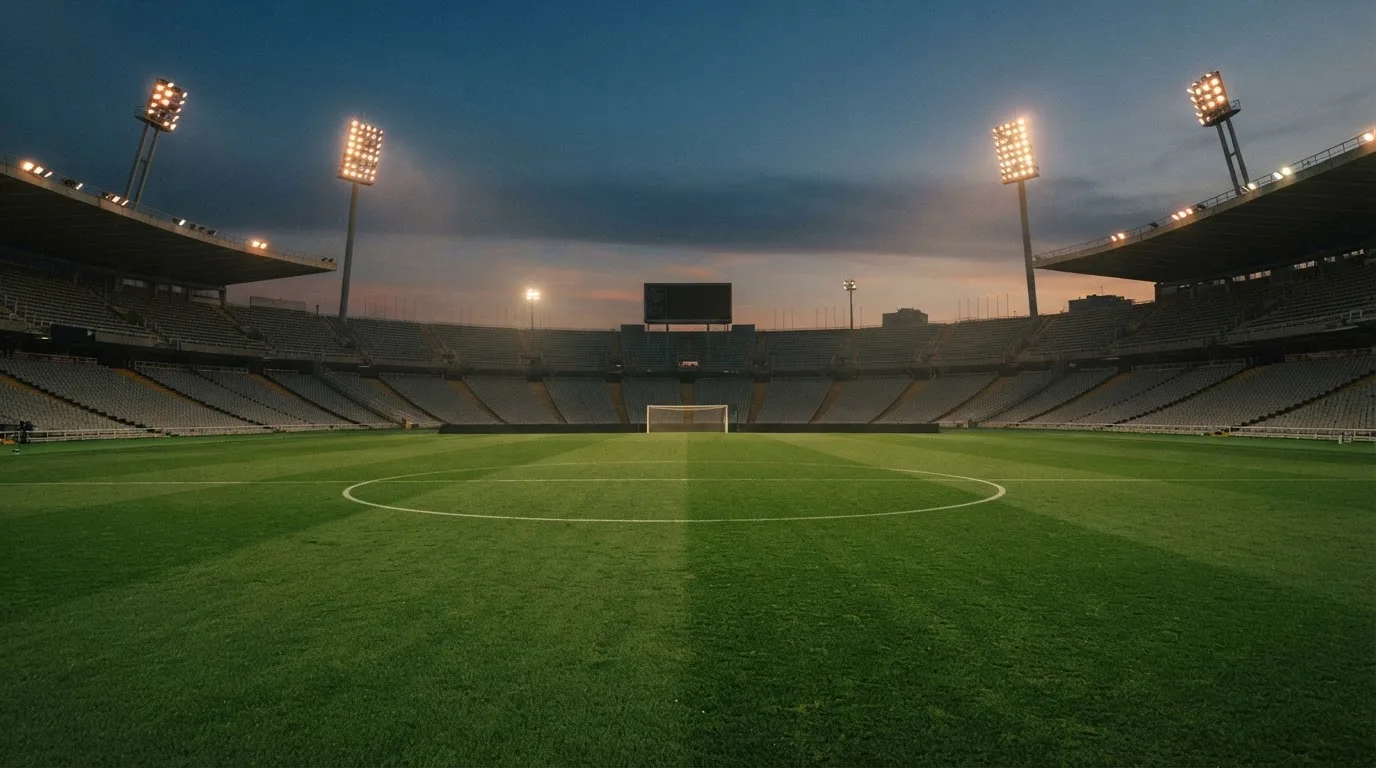 An empty football stadium with floodlight masts at dusk