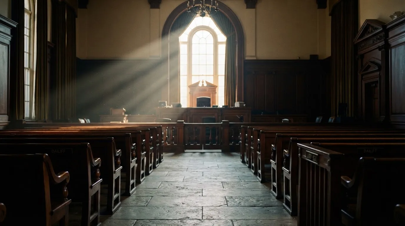An empty courtroom with wooden benches in morning light