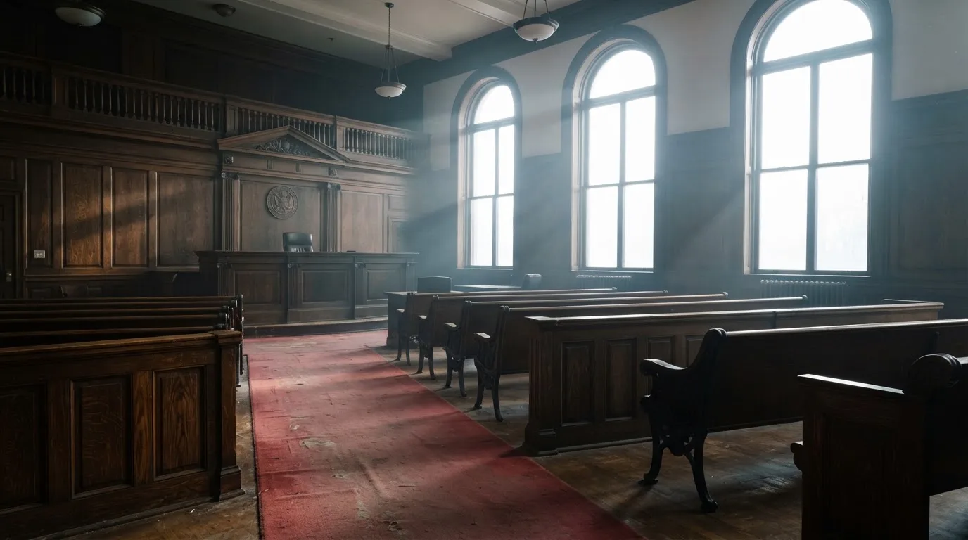An empty courtroom with wooden benches in morning light