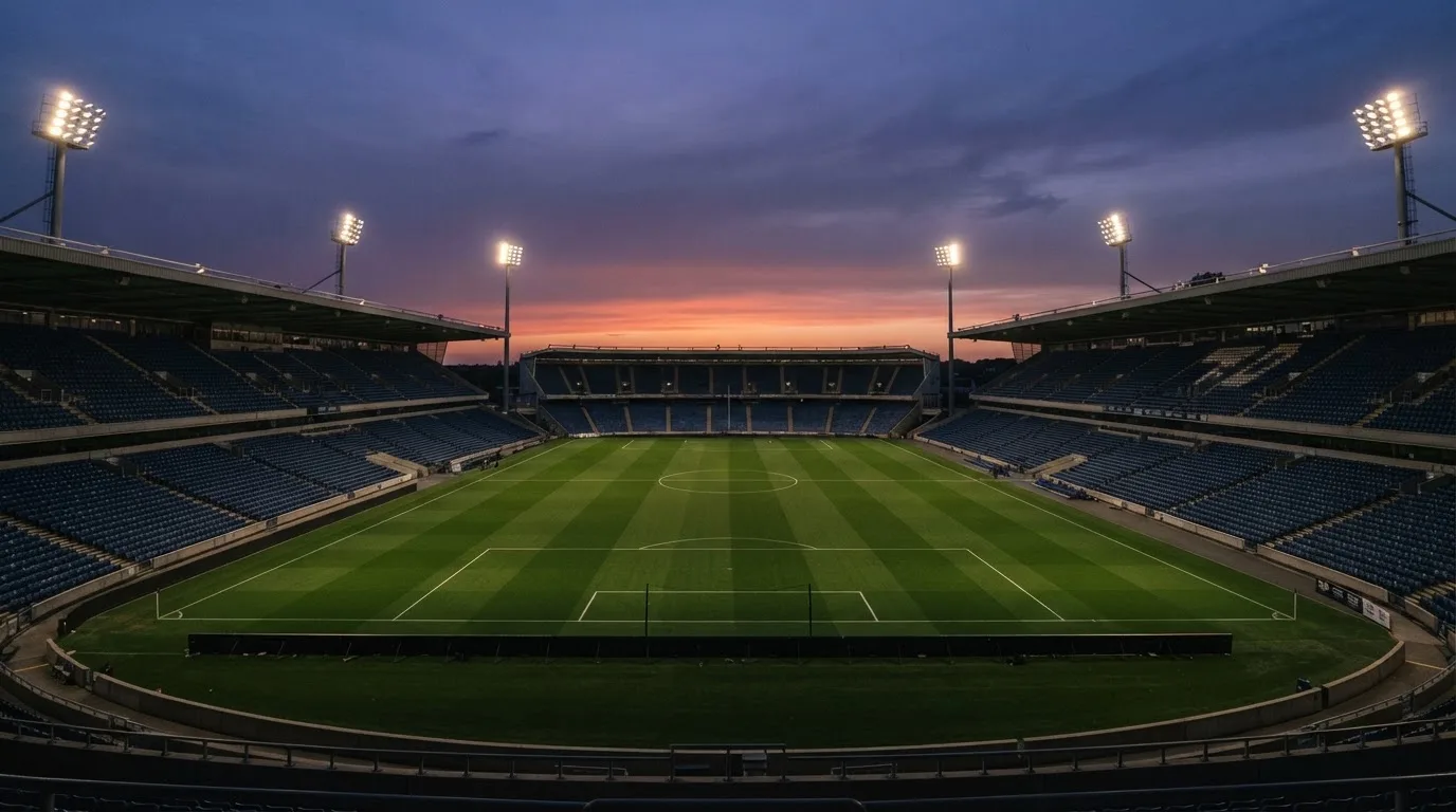 An empty football stadium with floodlight masts at dusk