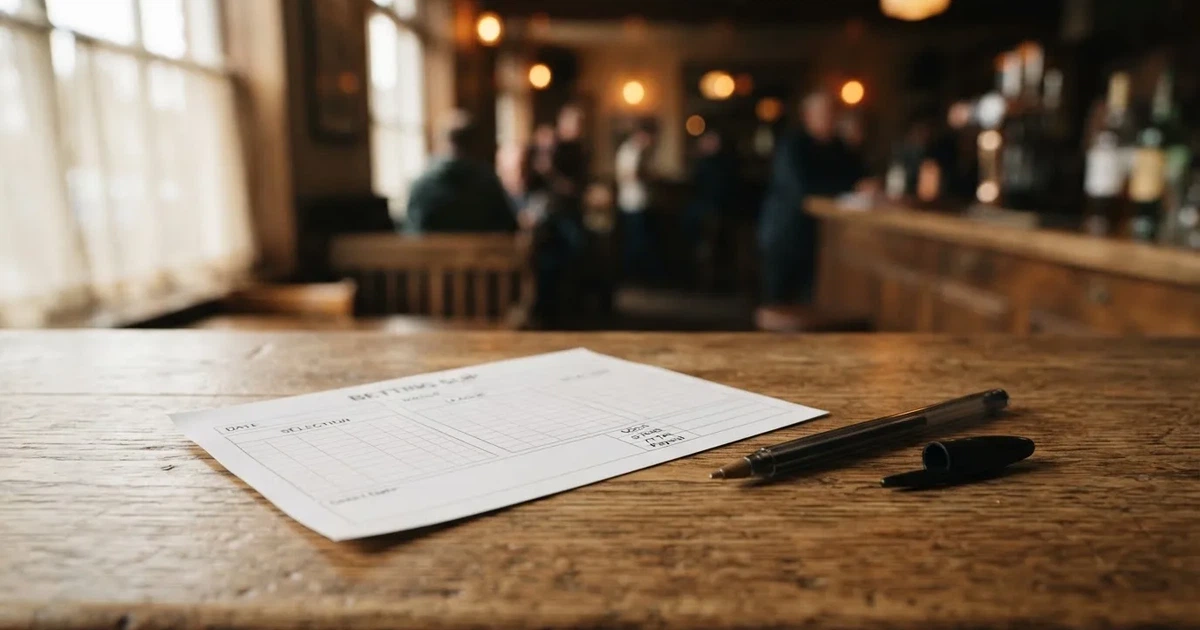 A blank paper betting slip beside a pen on a wooden counter