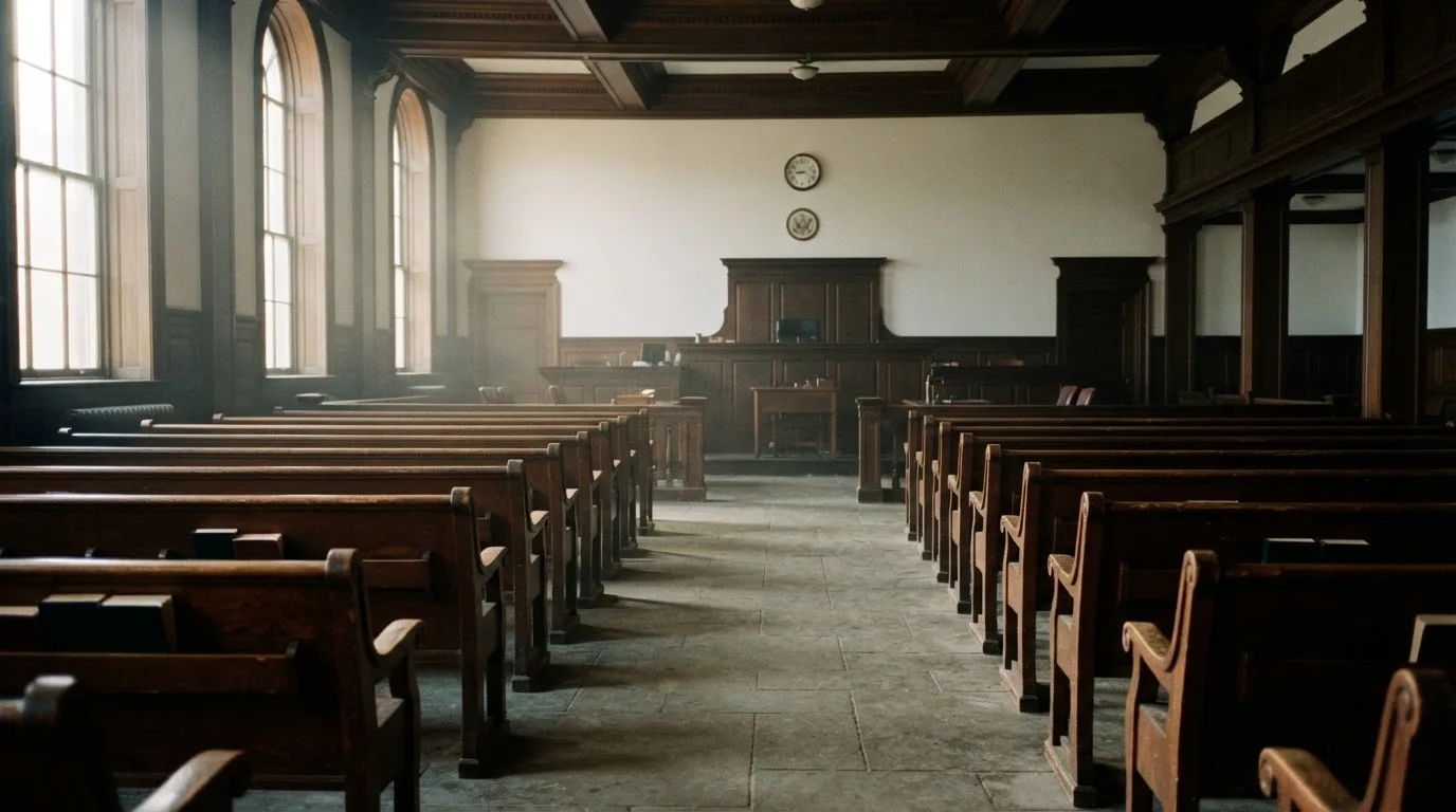An empty courtroom with wooden benches in morning light