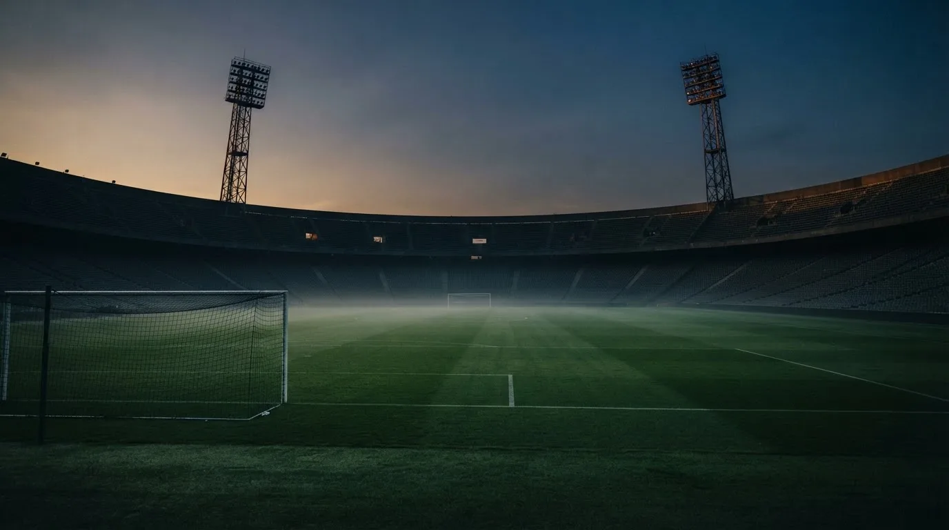 An empty football stadium with floodlight masts at dusk