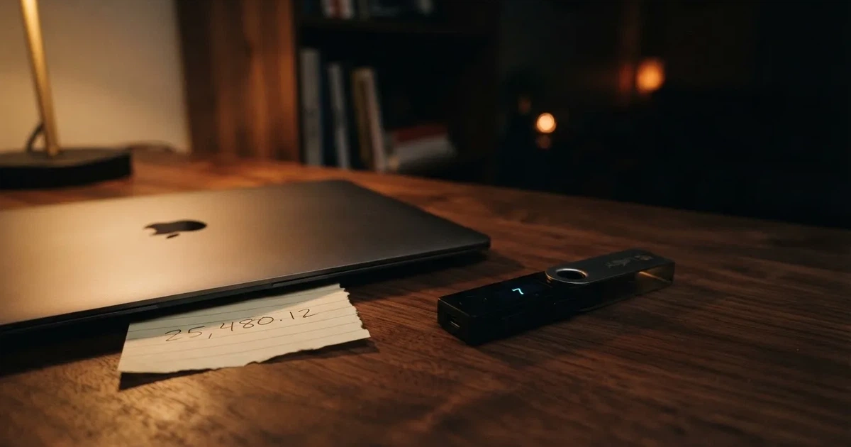 A hardware wallet and a closed laptop on a desk in dim light