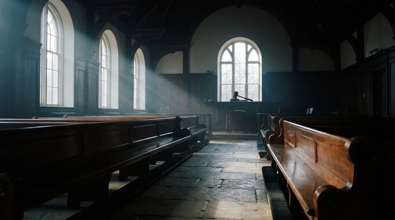 An empty courtroom with wooden benches in morning light