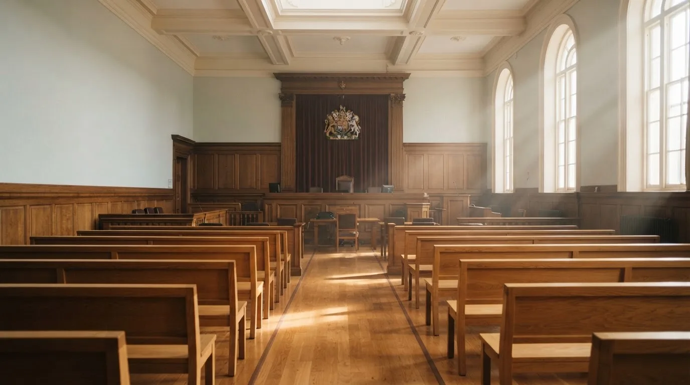An empty courtroom with wooden benches in morning light