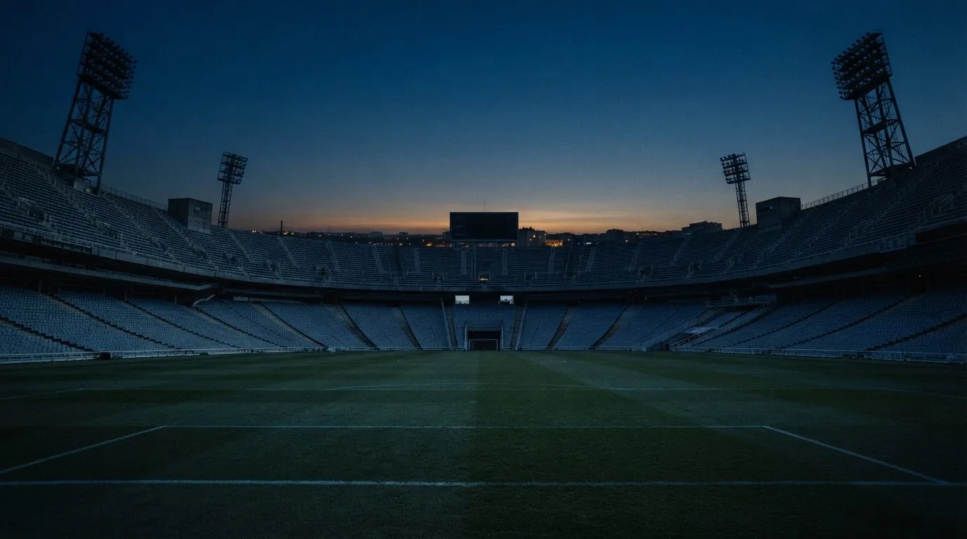 An empty football stadium with floodlight masts at dusk