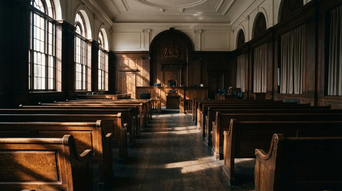 An empty courtroom with wooden benches in morning light