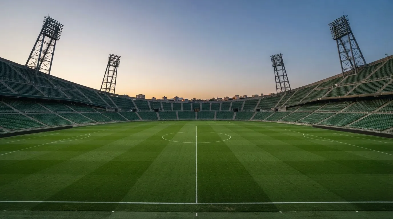 An empty football stadium with floodlight masts at dusk