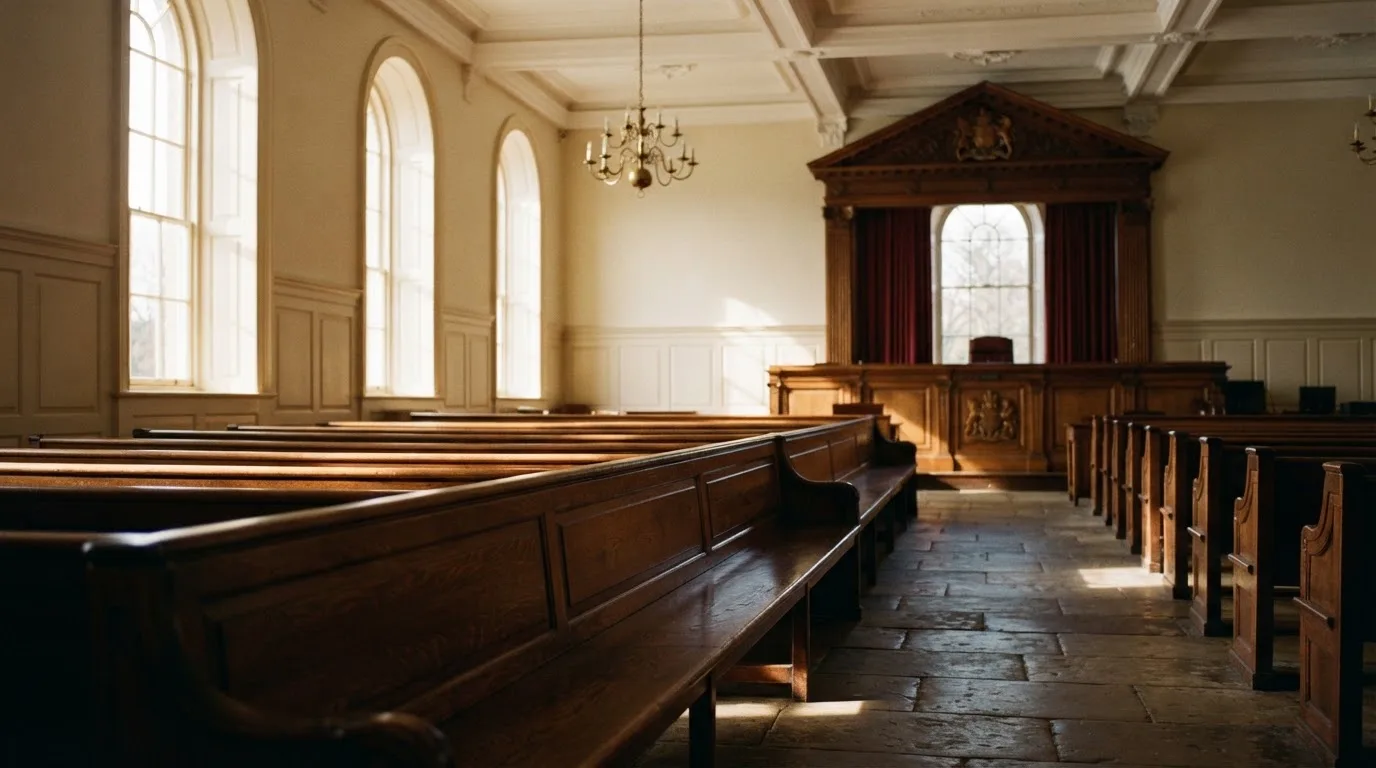 An empty courtroom with wooden benches in morning light