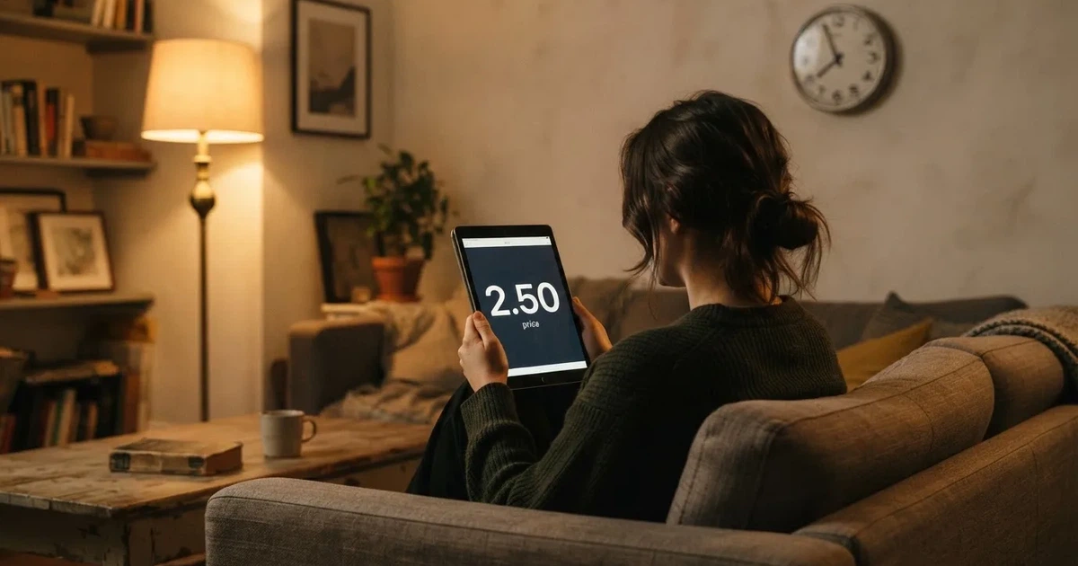 A person on a sofa looking thoughtfully at a tablet, a wall clock in the background