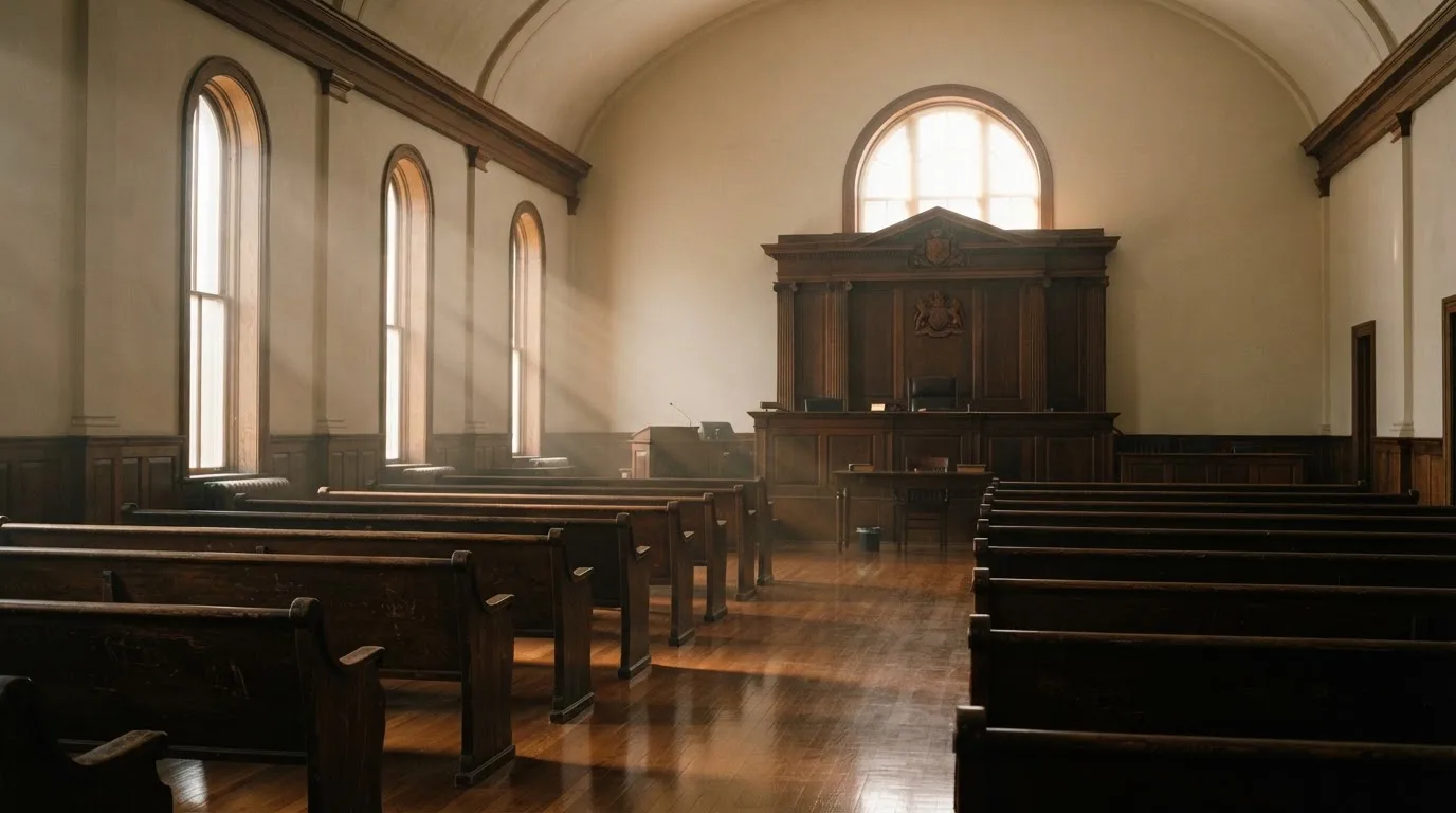 An empty courtroom with wooden benches in morning light