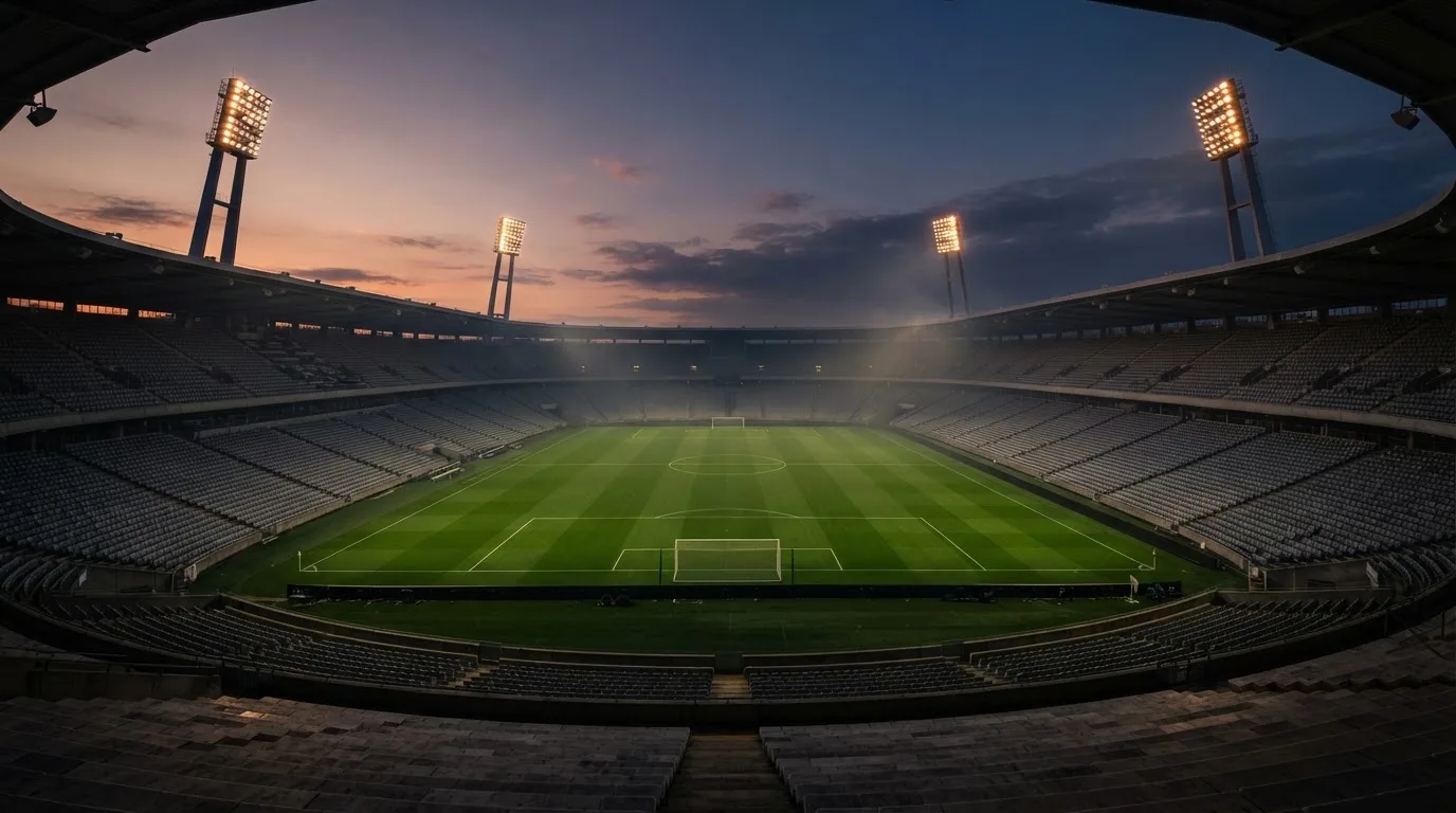An empty football stadium with floodlight masts at dusk