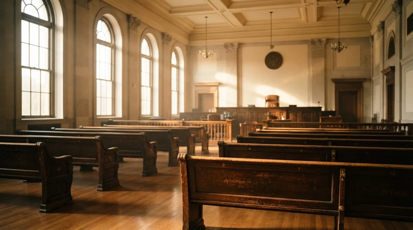 An empty courtroom with wooden benches in morning light