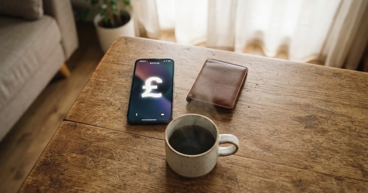 A smartphone on a wooden table beside a wallet and a coffee cup