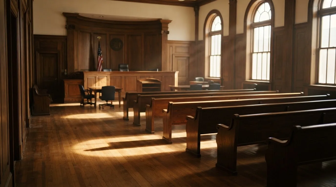 An empty courtroom with wooden benches in morning light