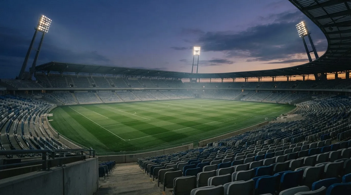 An empty football stadium with floodlight masts at dusk