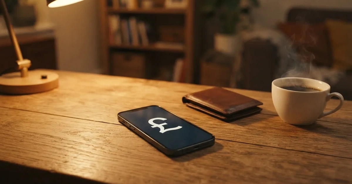 A smartphone on a wooden table beside a wallet and a coffee cup