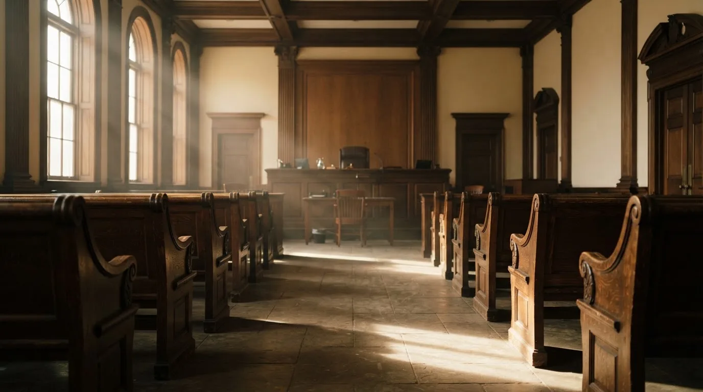 An empty courtroom with wooden benches in morning light