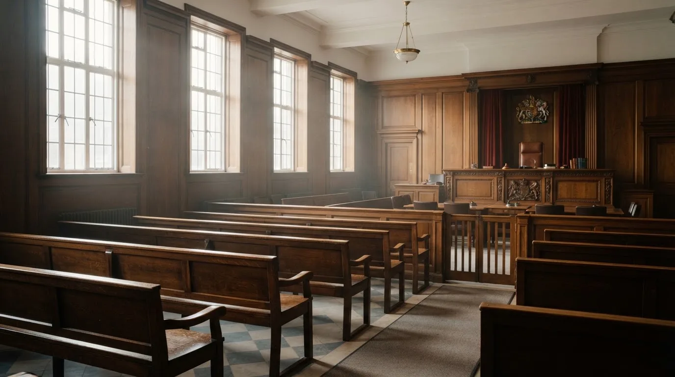 An empty courtroom with wooden benches in morning light