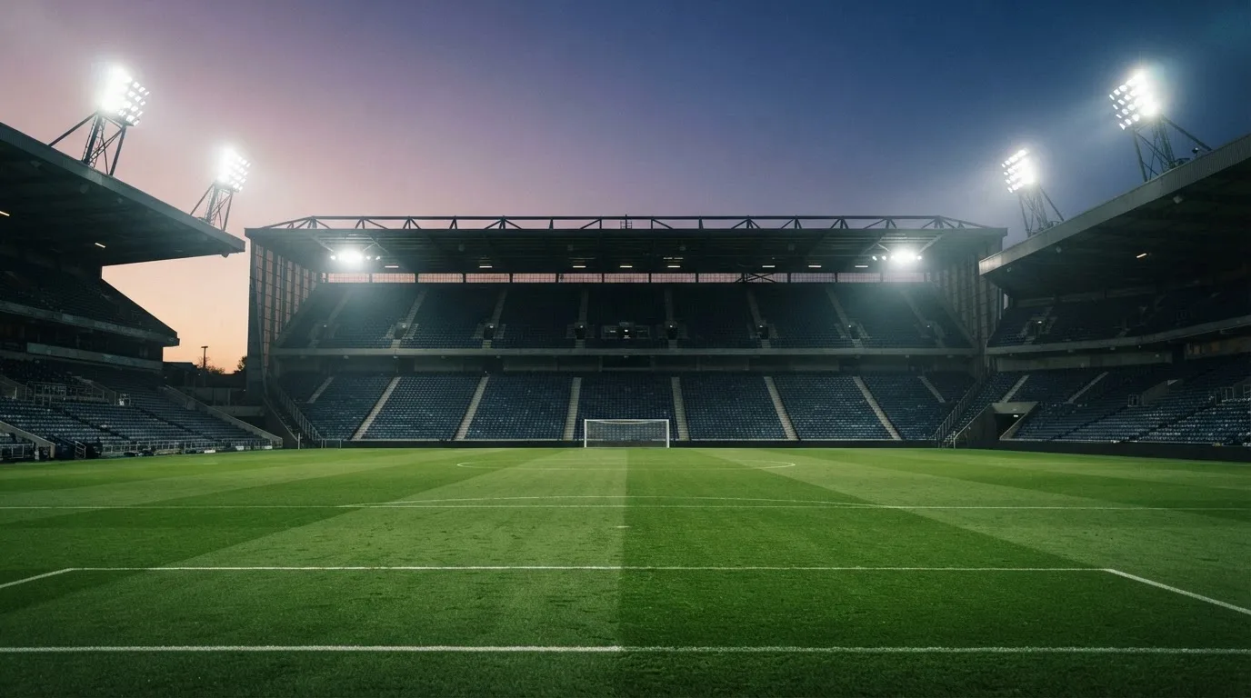 An empty football stadium with floodlight masts at dusk