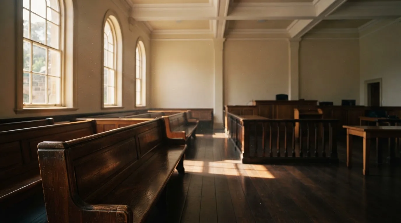 An empty courtroom with wooden benches in morning light
