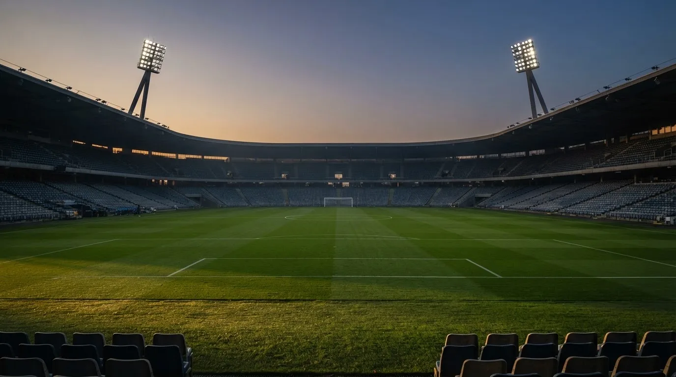 An empty football stadium with floodlight masts at dusk