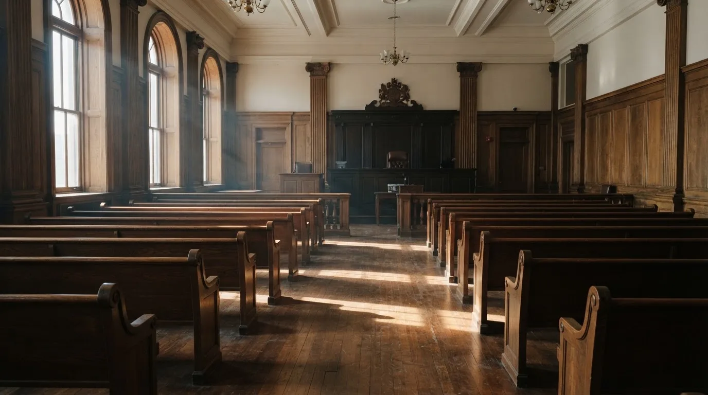 An empty courtroom with wooden benches in morning light
