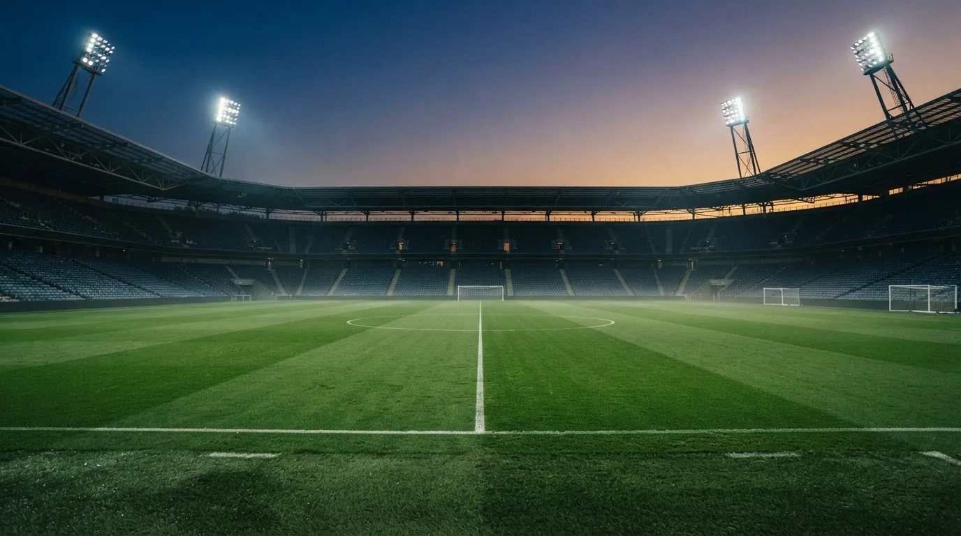 An empty football stadium with floodlight masts at dusk