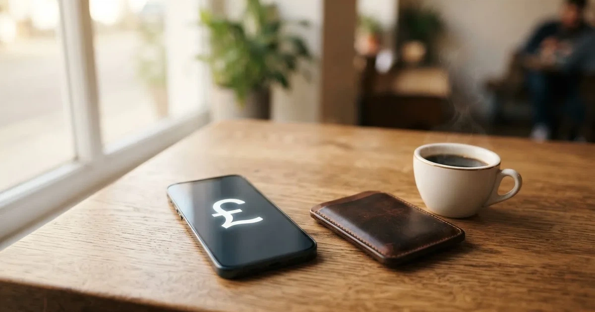 A smartphone on a wooden table beside a wallet and a coffee cup