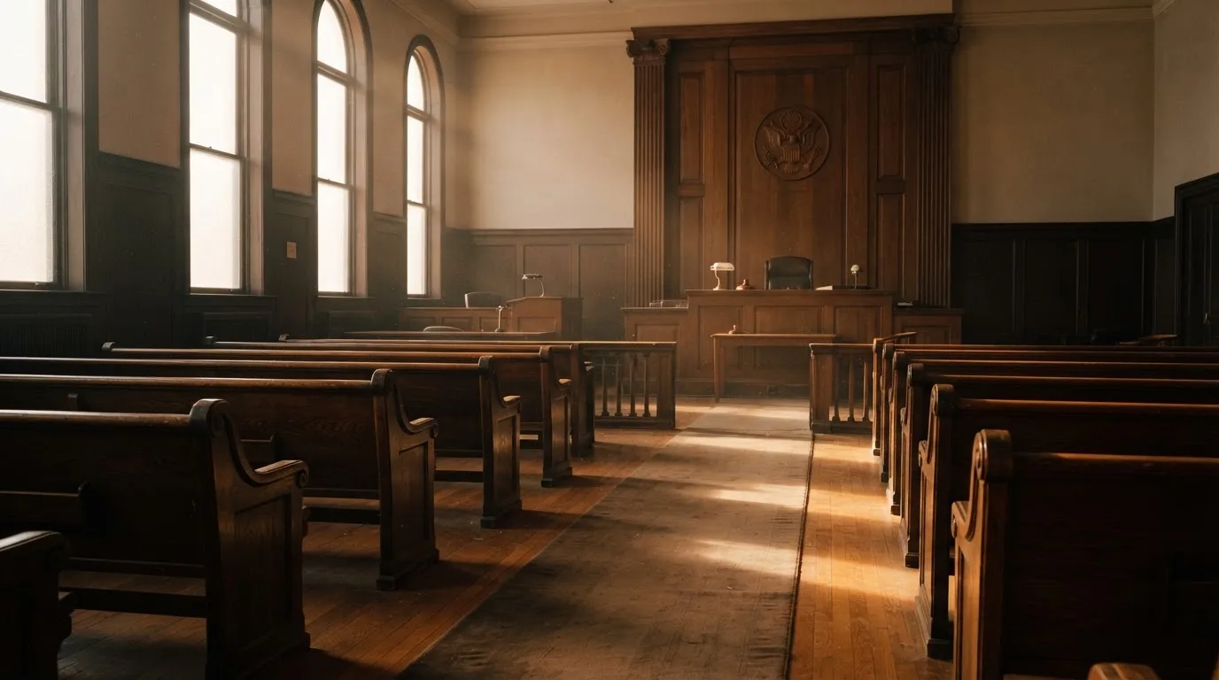An empty courtroom with wooden benches in morning light