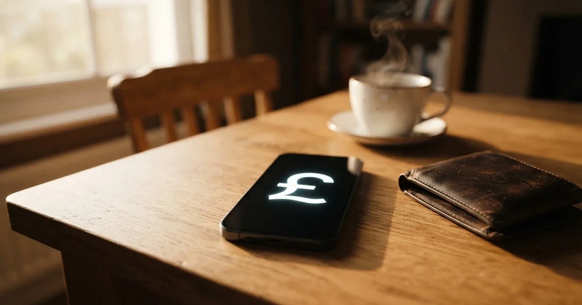 A smartphone on a wooden table beside a wallet and a coffee cup