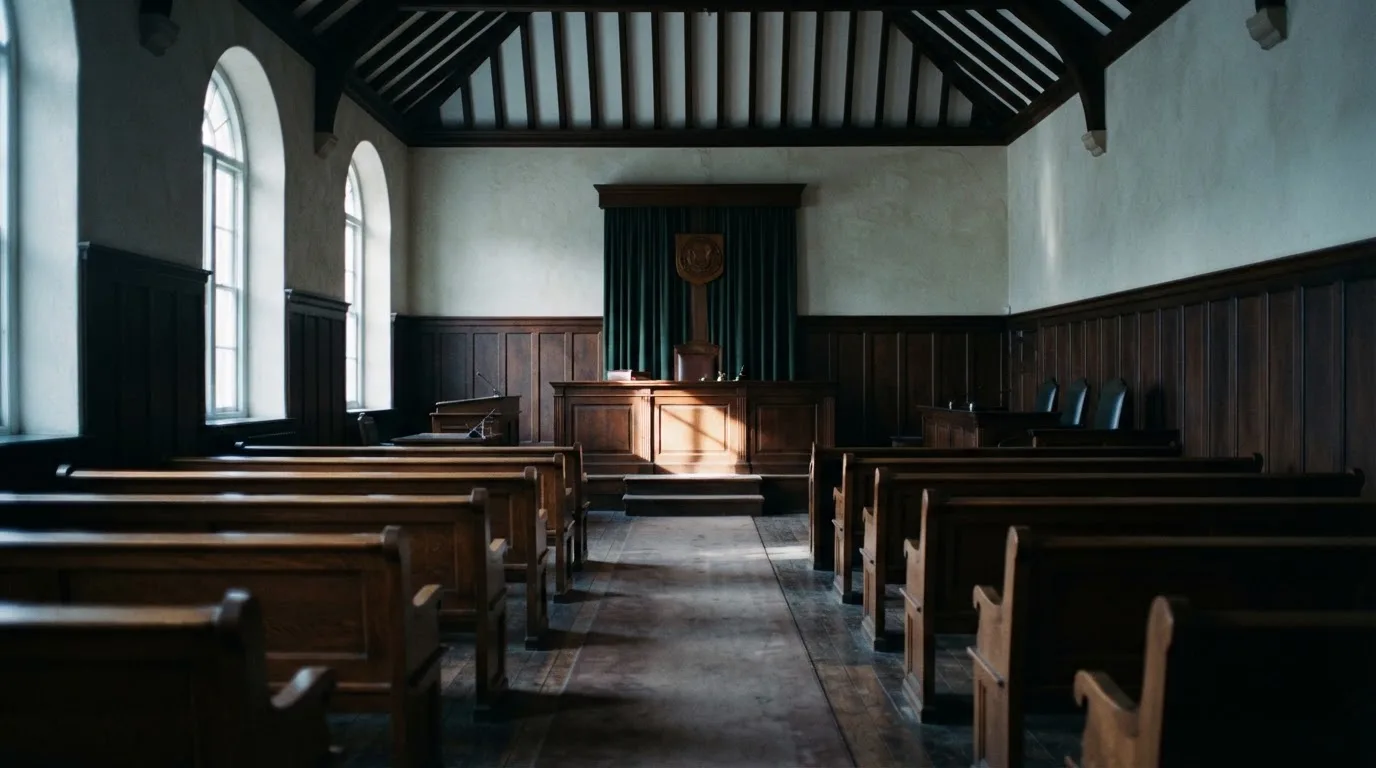 An empty courtroom with wooden benches in morning light