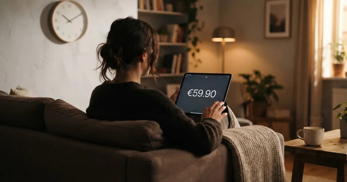 A person on a sofa looking thoughtfully at a tablet, a wall clock in the background