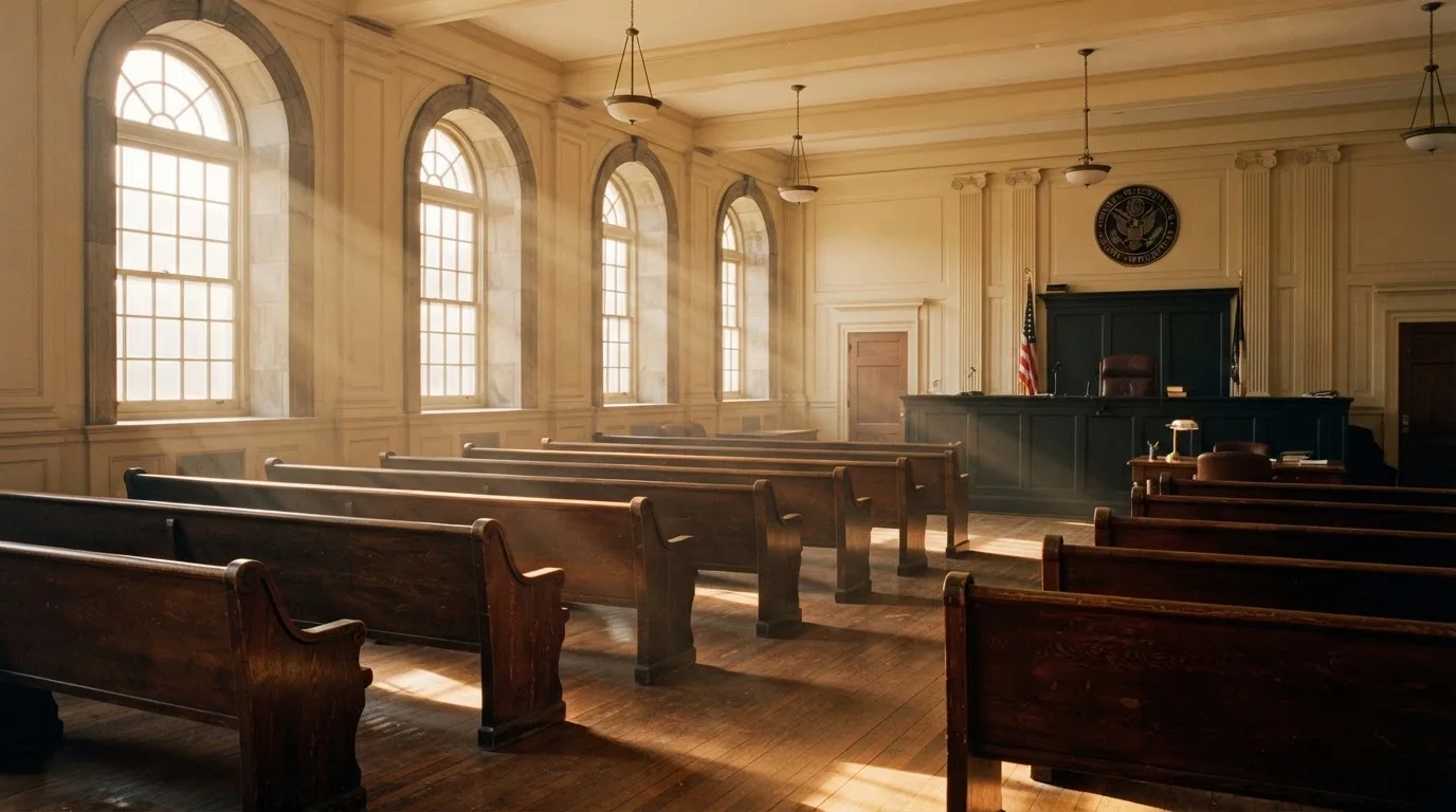 An empty courtroom with wooden benches in morning light