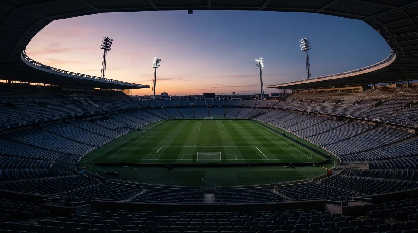 An empty football stadium with floodlight masts at dusk