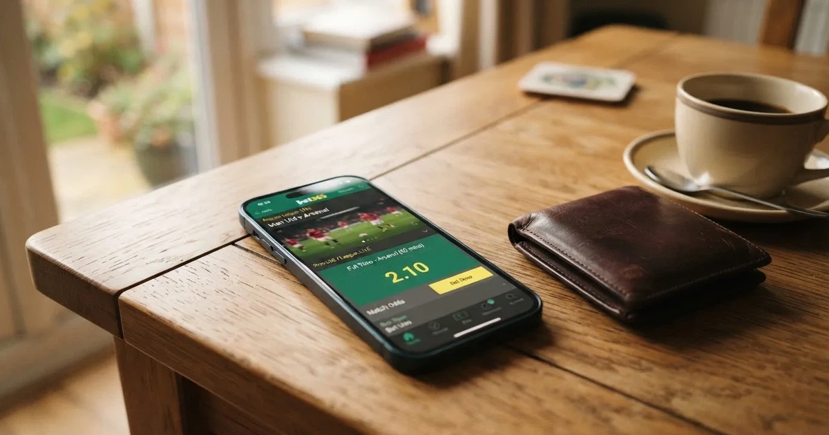 A smartphone on a wooden table beside a wallet and a coffee cup