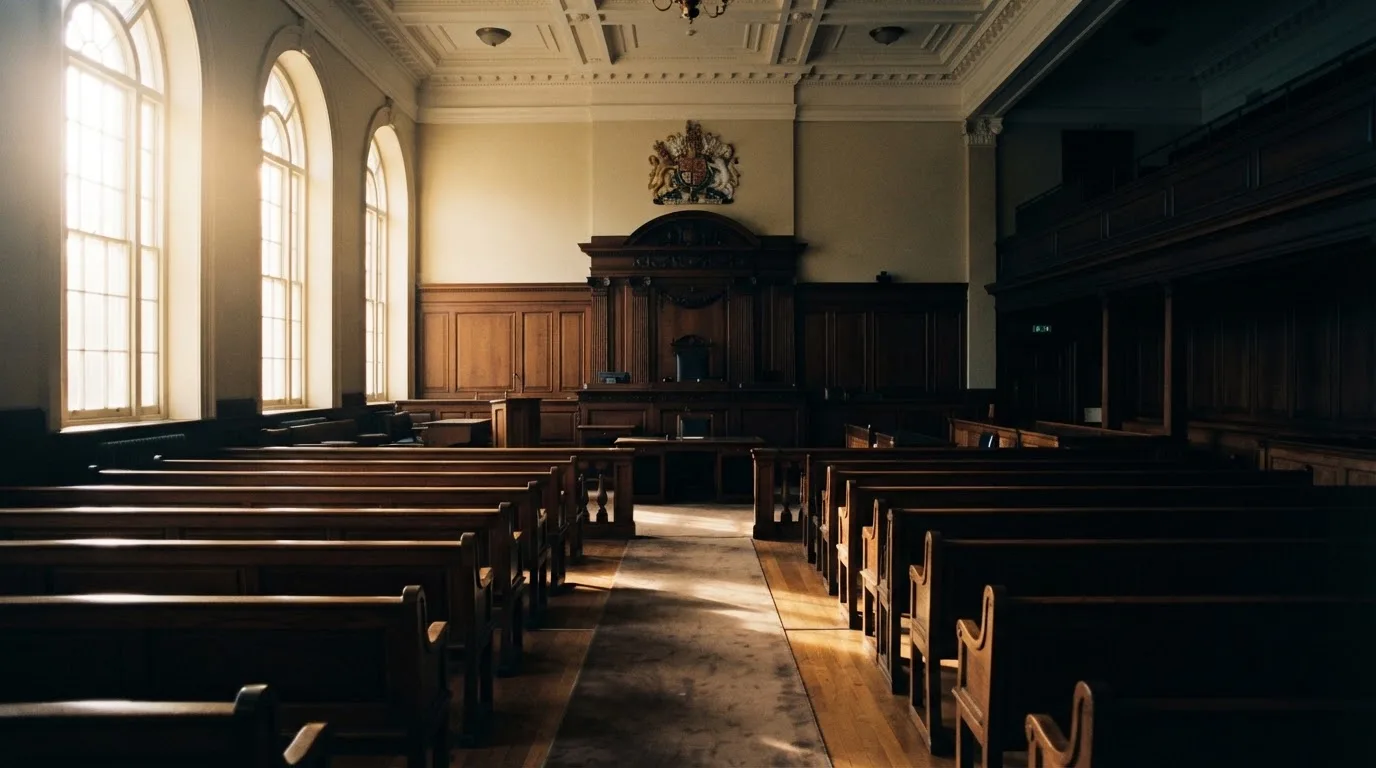 An empty courtroom with wooden benches in morning light