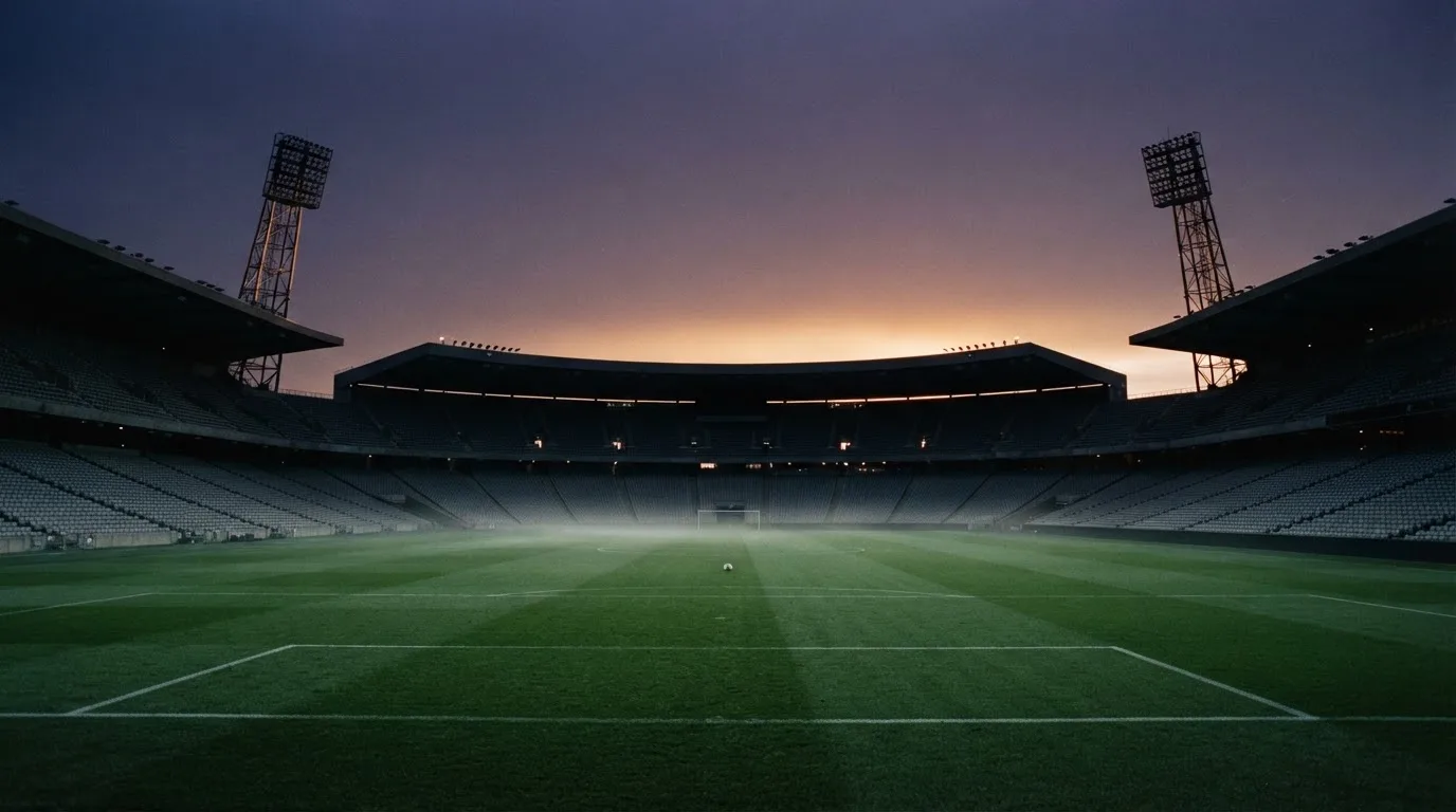An empty football stadium with floodlight masts at dusk
