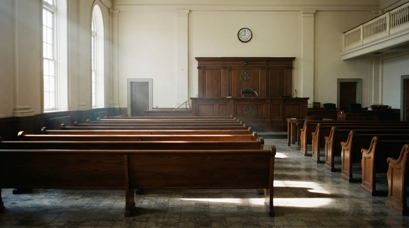 An empty courtroom with wooden benches in morning light