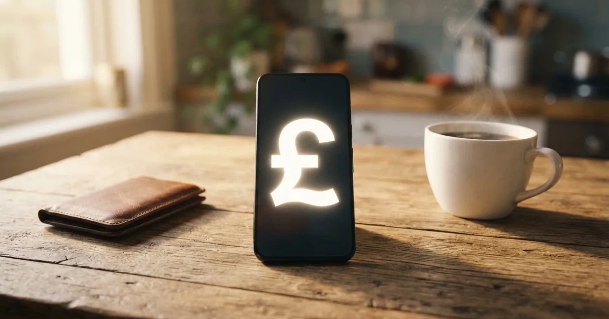 A smartphone on a wooden table beside a wallet and a coffee cup