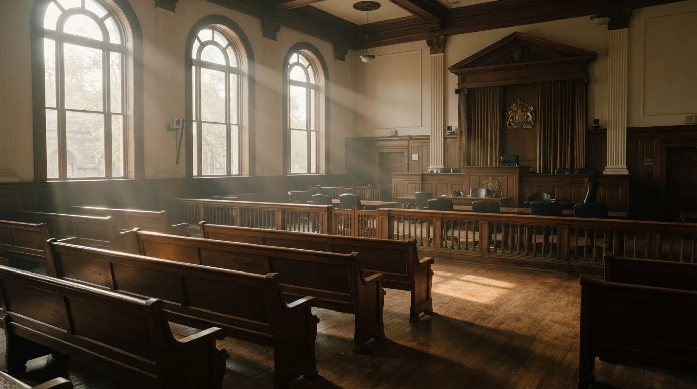 An empty courtroom with wooden benches in morning light