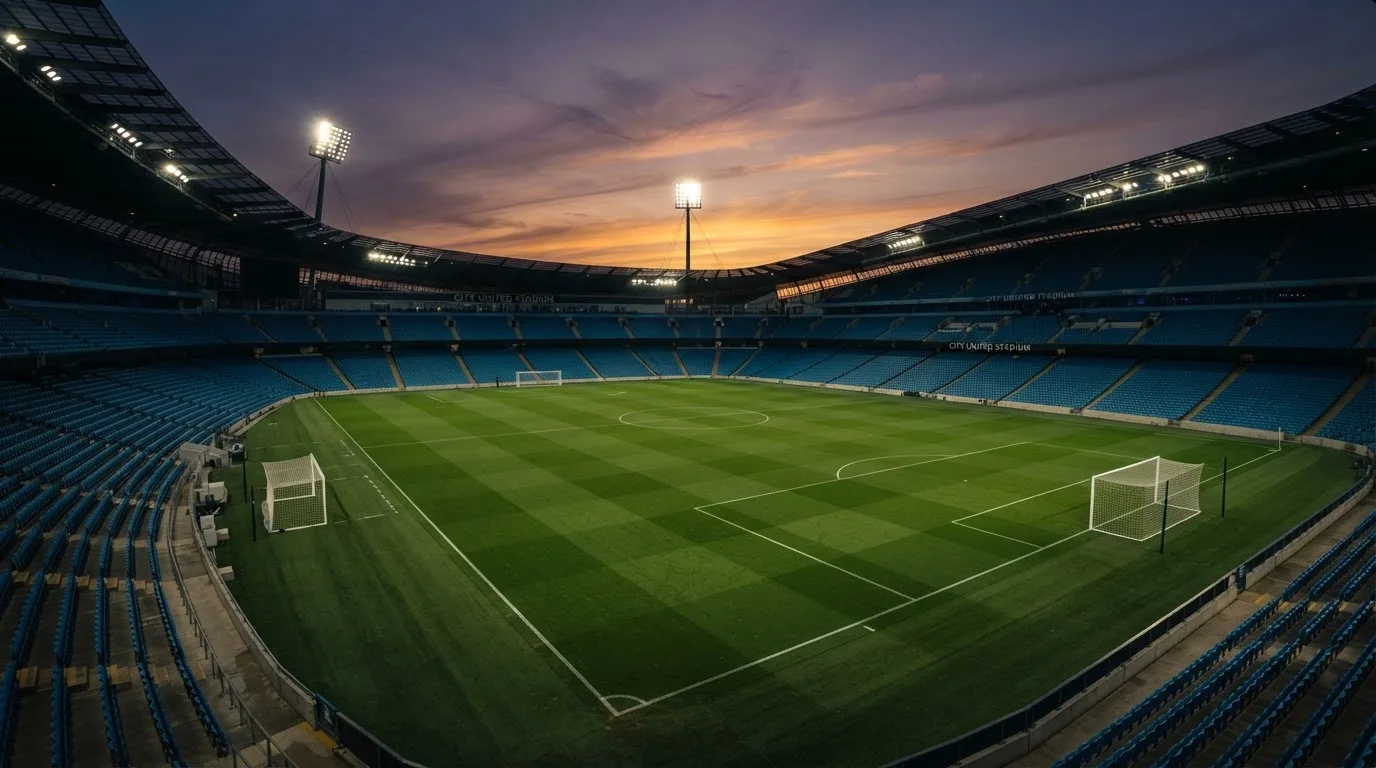 An empty football stadium with floodlight masts at dusk