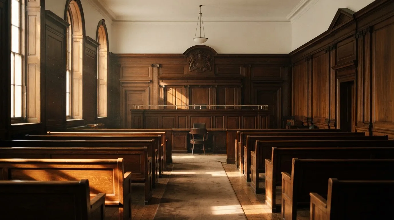 An empty courtroom with wooden benches in morning light