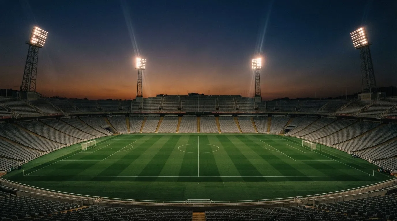 An empty football stadium with floodlight masts at dusk