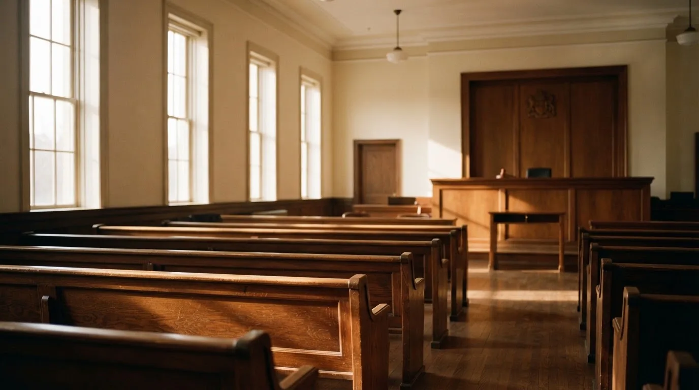 An empty courtroom with wooden benches in morning light