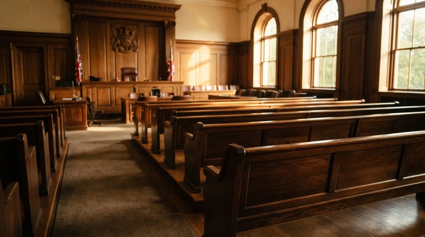 An empty courtroom with wooden benches in morning light