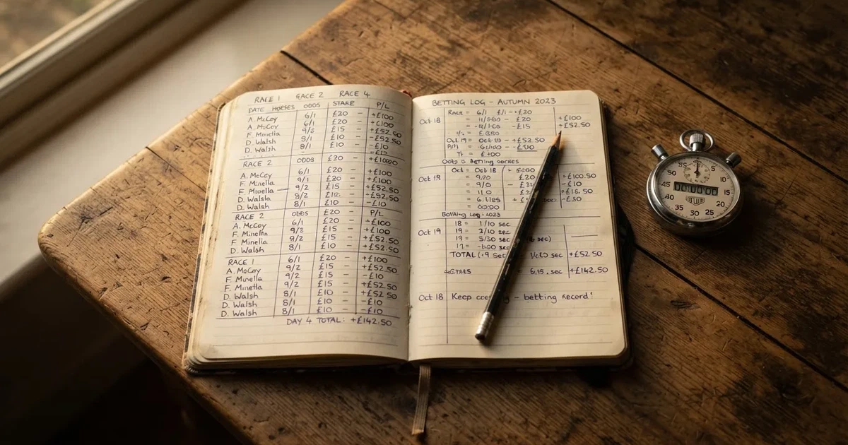 An open notebook with a pencil and a stopwatch on a wooden table