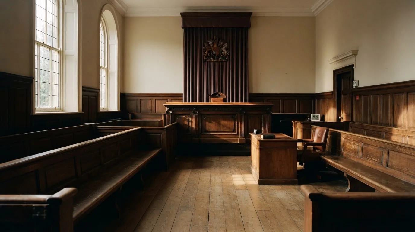 An empty courtroom with wooden benches in morning light