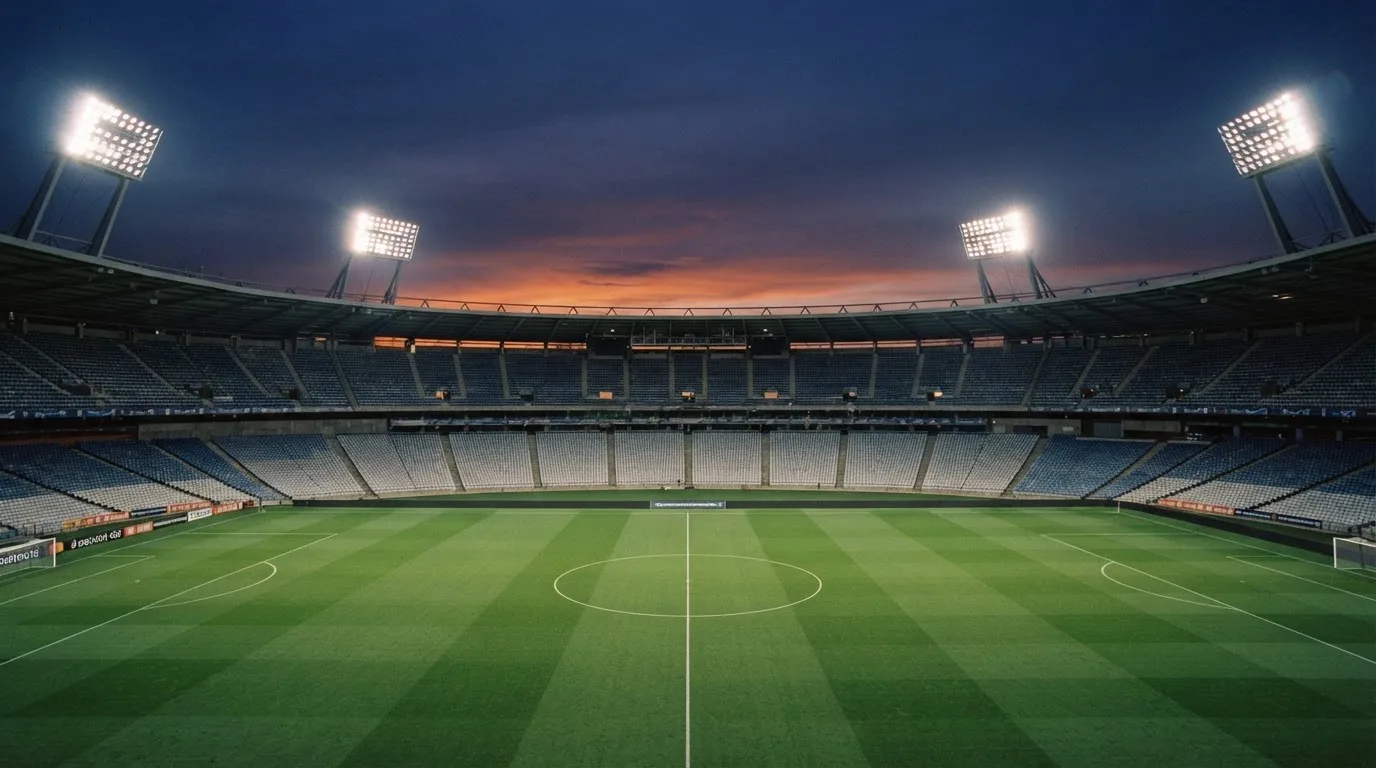 An empty football stadium with floodlight masts at dusk